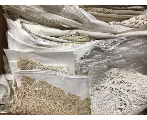 Box of Table Linens &amp; Lace including table clothes with bobbin lace insets, pulled thread work, cut-out work, crochet edg