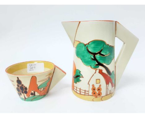 Clarice Cliff Bizarre range Fantasque milk Jug and cup (2)Condition report: Diameter of the bottom of the cup is 5.5cm. Both 