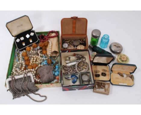 Group Victorian and later jewellery to include pair silver and blue enamel cufflinks, various compass fobs and glazed lockets