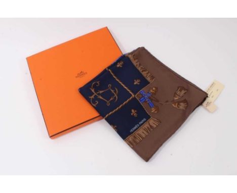 Authentic Hermes Silk Scarf La Reale in brown, marine and turquoise, 90cms. In original Hermes orange box and sale tags.Prove