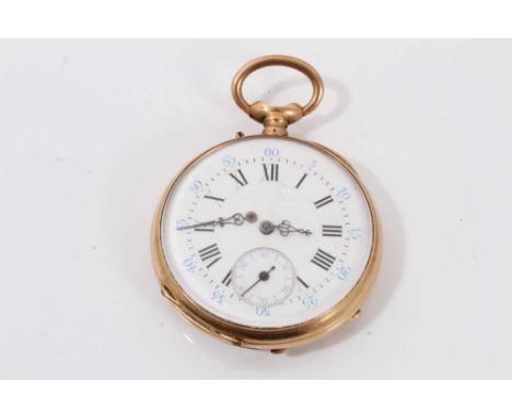 Late 19th French 18ct gold pocket watch, the white enamel dial with Roman numerals and subsidiary seconds dial, inner case ma