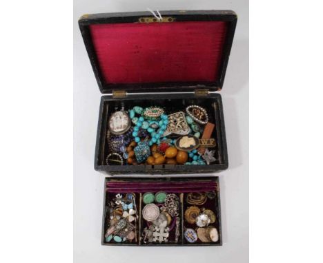 Victorian leather jewellery box containing antique and vintage costume jewellery including Victorian enamelled oval locket, o