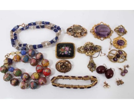 Group of Victorian and later gem set brooches, purple stone bracelet, pairs of earrings and two vintage glass bead necklaces 