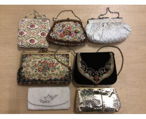 Vintage evening bags including petit point, tapestry, micro- beading, bullion work on black velvet, black suede bag with luci