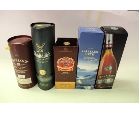 Selection of scotch whisky, including Aberlour, Talisker Skye, Chivas Regal, and Glenfiddich, together with a bottle of Remy 