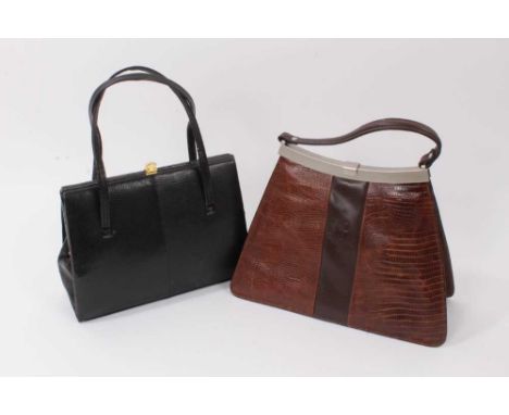 Two vintage handbags, one brown leather and lizard skin with metal frame and clasp by Ceancarel the other is black lizard ski