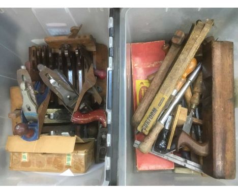 Two boxes of vintage hand tools including planes, chisels etc