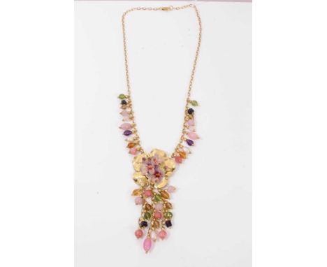 9ct gold enamel and bead necklace, with an enamelled floral plaque pendant and bead decoration, 49.5cm longCondition report: 