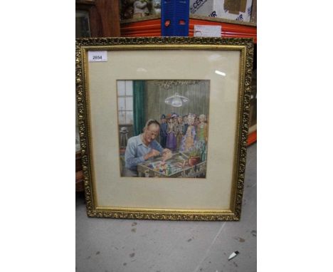 Interesting watercolour painting of a puppet maker, framed and glazed, the picture measuring 20.5 x 19cm, the frame 38 x 34.5