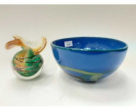 Blue art glass bowl, indistinctly signed, and one other art glass item (2)