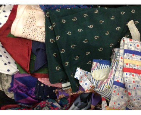 One box of vintage accessories including scarves, silk squares, black lace shawls, gloves, Chinese brocade panel etc