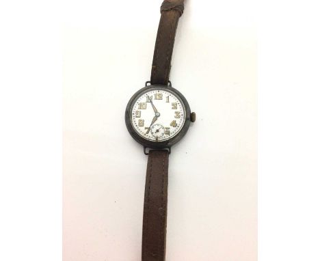 First World War Officer's Rolex silver cased trench wristwatch, with white enamel dial with luminous Arabic numerals, luminou
