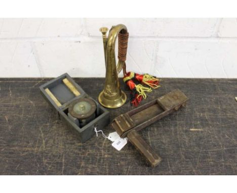 First World War gas warning wooden rattle - stamped marks including broad arrow, brass bugle and RAF compass (3)