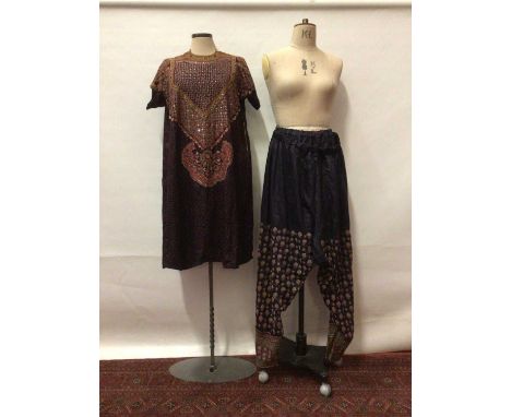 Ladies Vintage Indian Silk outfit comprising of tunic top and loose trousers with ankle cuffs. Tiny handstitched embroidery a