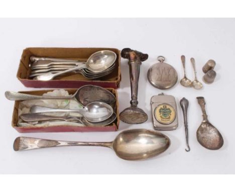 Georgian silver tablespoon and caddy spoon, silver compact case, other silver and plated items
