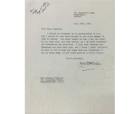 J. R. R. Tolkien (1892-1973) hand signed, typed letter to his official photographer Pamela Chandler, dated July 28th, 1961: D