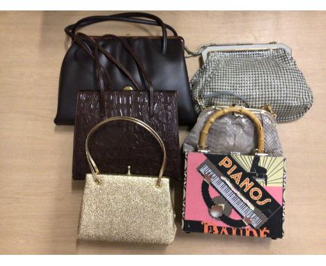 Small selection of vintage handbags including White mesh, snake skin, faux reptile skin, cigar box bag etc. Plus silk scarves