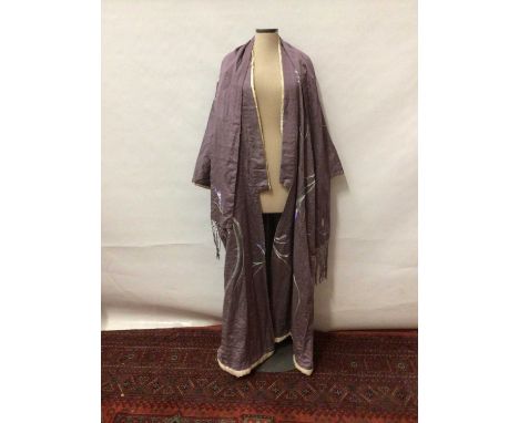 Vintage Japanese hand embroidered lilac silk kimono with cream silk lining and sash.