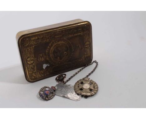 First World War Princess Mary Gift Tin together with silver and enamel Rifle Brigade sweetheart brooch, Zeppelin L15 Whisky l