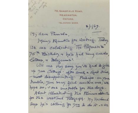 Edith Tolkien (1889-1971) a hand written double sided letter by the wife of J. R. R. Tolkien to his official photographer Pam