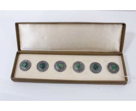 Arts and Crafts boxed set of six buttons- The "Guild" Button by Norman &amp; Ernest Spittle, each with a green enamel centre 