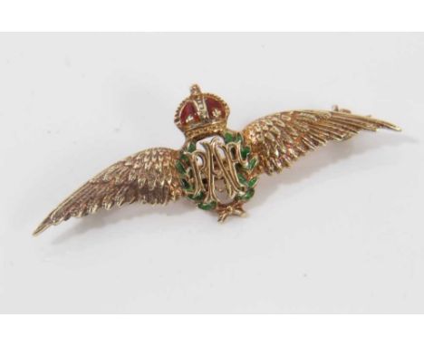Second World War 14ct gold RAF sweetheart brooch with enamel decoration, 4cm long Condition report: Stamped 14ct on back. Wei