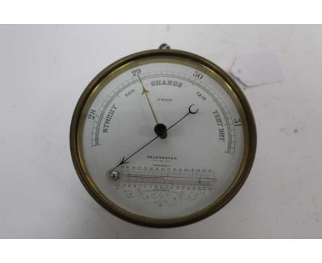 Brass cased barometer and thermometer by Cragg of Colchester, 12.5cm diameter