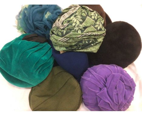 Ladies vintage hats. 1940's - 1960's period including felt, velvet, chiffon, mohair etc. Styles include turban, cloche. Maker