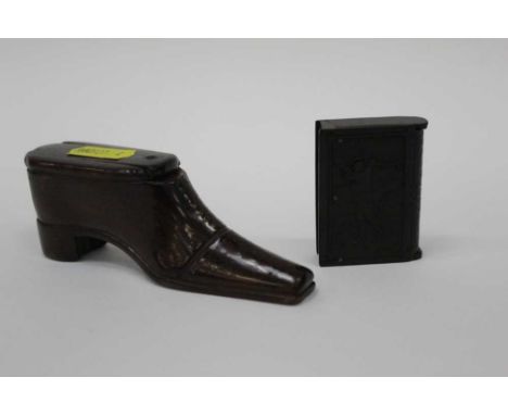 19th century treen shoe snuff box with inlaid brass detail, together with a Bakelite vesta case with golf and cricket scenes 