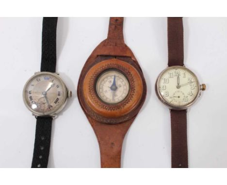 First World War Officers Cyma trench wristwatch together with another similar and a compass on brown leather strap (3)Conditi