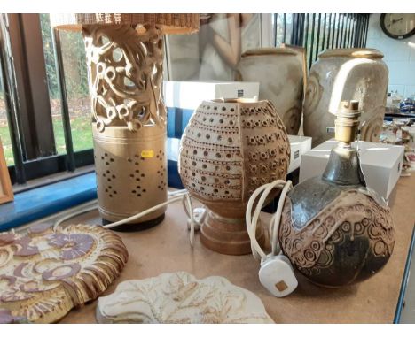 Two Bernard Rooke pottery lamps, together with a similar studio pottery lamp measuring 56cm high (3)Condition report: All in 