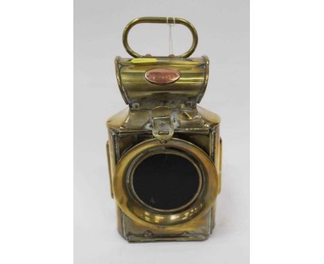 Late 19th century brass carriage lamp, together with cased flasks, tin containing Royal Commemorative medals and spectacles