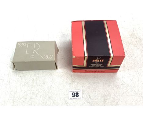 Vintage Yves Saint Laurent boxed perfumed dusting powder and boxed souvenir soap for Queen Elizabeth II Silver Jubilee 1977