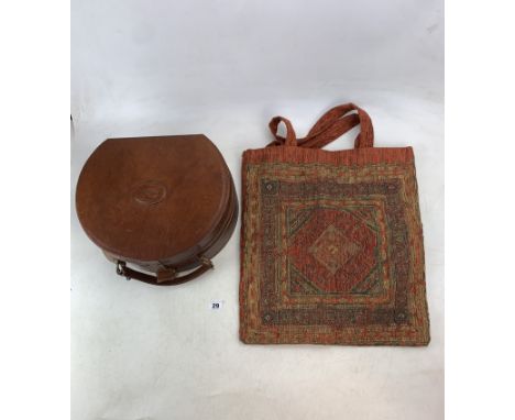 Brown leather round case/shoulder bag 'The Fargo' and a tapestry shopping bag