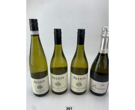 4 bottles of Averys of Bristol white wine - Fine Alsace 2022, 2 x Fine Sauvignon Blanc 2021 and Extra Dry Signature Prosecco,