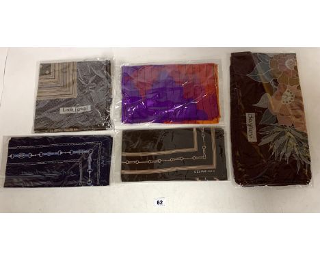 5 designer silk scarves in packaging by Bayron, Charles Jourdan, Louis Feraud and 2 x Celine