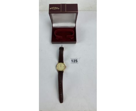 Boxed Rotary gold plated gents watch with leather strap
