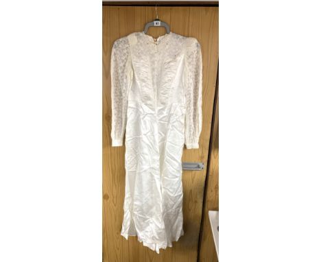 Vintage cream satin and lace wedding dress, size small, pair of gloves, headdress and christening shawl