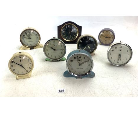8 vintage alarm clocks - 4 x Smiths, 1 Westclox, 1 Timecal, 1 Francis Early Bird &amp; 1 unnamed