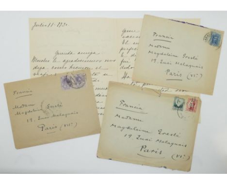 MANUEL DE FALLA (1876-1946)Set of 3 pieces, 2 with autograph apostilles, addressed to Madeleine Greslé. Accompanied by 3 enve