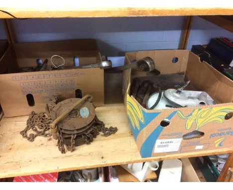 Assorted tools including a torque wrench, block and tackle etc.