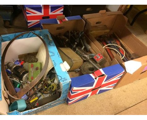 Three boxes of assorted tools, Stillsons etc.