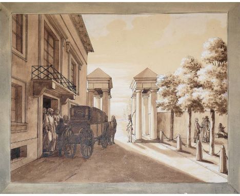 Johannes Stanislaus Schaffroth, Aufbruch zur Reise von Baden, Sepia-Aquarell von 1804 Johannes Stanislaus Schaffroth, 1765/66