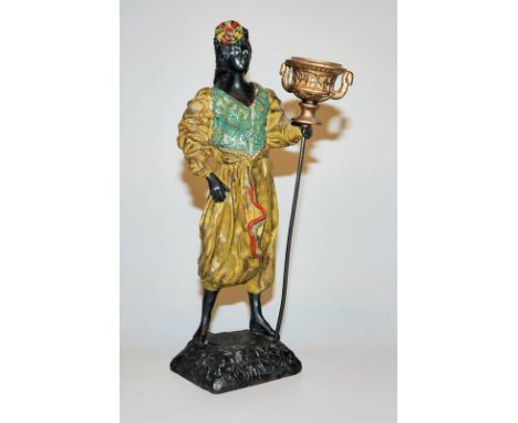 "Leuchter-Mohrin", kalt bemalte Bronzeplastik um 1900 in Art der Wiener BronzenAuf einem "Landschaftssockel"  stehende weibli