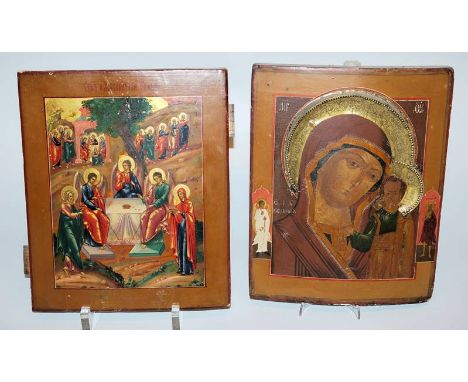 Zwei russisch-orthodoxe Ikonen: Gottesmutter Kasanskaja &amp;amp; Die hl. Dreifaltigkeit, 19. Jh./um 1900Muttergottes mit dem