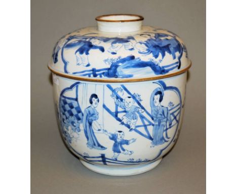 Großer Blauweiß-Speisetopf mit Deckel, Kangxi- oder Guangxu-Zeit, China um 1700 oder 1900Porzellan mit braunen Kanten, in Res