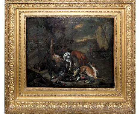 Adriaen de Gryeff, Jagdhunde mit erlegten Tieren, 2 Ölgemälde um 1700, Gegenstücke, gerahmtAdriaen de Greyff, 1657 Leiden - 1