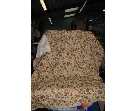 A beige ground floral pattern tapestry style Curtain, 92'' wide x 72'' drop including cafe type loops, (Un-hemmed having raw 