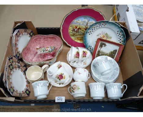 A quantity of part Teasets including Crown Trent Sheridan, Spode display plate with hunting scene, Maling Peony pattern rose 