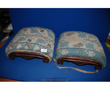 A pair of arched tapestry topped kneeling Stools with curved wooden frames, both a/f.
